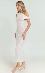 Sally Maxi Dress - Stretch Lace Twist Off Shoulder Dress in White