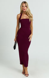 Salome Midi Dress - Halter Neck Column Dress in Wine
