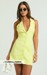 Sammie Mini Dress - Backless Halter Neck Linen Dress in Lemon