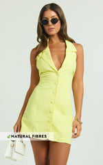 Sammie Mini Dress - Backless Halter Neck Linen Dress in Lemon