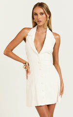 Sammie Mini Dress - Backless Halter Neck Linen Dress in Off White
