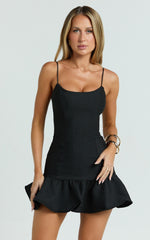 Sammie Mini Dress - Scoop Neck Hem Frill Fitted Dress in Black