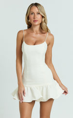 Sammie Mini Dress - Scoop Neck Hem Frill Fitted Dress in Off White
