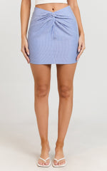 Sandra Mini Skirt - Twist Front Stripe Mini Skirt in Mid Blue Stripe