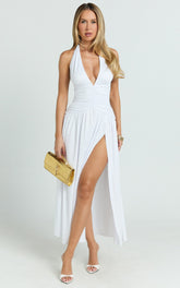 Sandy Maxi Dress - Halter Plunge Fit And Flare Dress in White