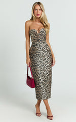 Sandy Midi Dress - Strapless Column Dress in Leopard Print