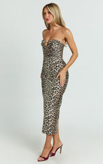Sandy Midi Dress - Strapless Column Dress in Leopard Print