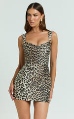 Sandy Mini Dress - Square Neck Jacquard Dress in Leopard Print