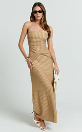 Santiago Maxi Dress - Textured Jersey Strapless Twist Waist Dress in Beige