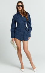 Sanya Mini Dress - Cinched Waist Stripe Dress in Navy Pinstripe