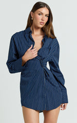 Sanya Mini Dress - Cinched Waist Stripe Dress in Navy Pinstripe