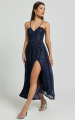 Sara Midi Dress - Ruched Bodice Lurex Dress in Navy