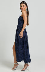 Sara Midi Dress - Ruched Bodice Lurex Dress in Navy