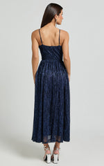 Sara Midi Dress - Ruched Bodice Lurex Dress in Navy