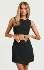 Sara Linen Blend Skort - Wrap Asymmetric Mini Skort in Black