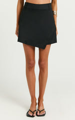 Sara Linen Blend Skort - Wrap Asymmetric Mini Skort in Black