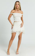 Sarah Mini Skirt - Lace Asymmetric Low Waist Skirt in Off White