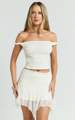 Sarah Mini Skirt - Lace Asymmetric Low Waist Skirt in Off White