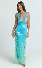 Savanna Maxi Dress - Ombre Sequin Halter Dress in Aqua