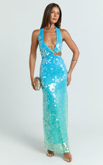 Savanna Maxi Dress - Ombre Sequin Halter Dress in Aqua