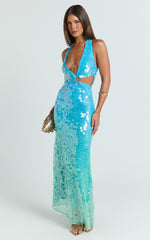 Savanna Maxi Dress - Ombre Sequin Halter Dress in Aqua