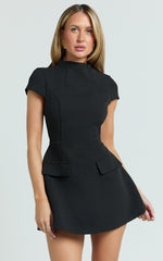 Savanna Mini Dress - High Neck Cap Sleeve Tulip Skirt Dress in Black