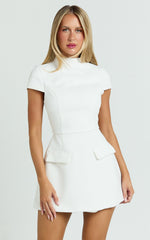 Savanna Mini Dress - High Neck Cap Sleeve Tulip Skirt Dress in White