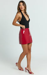 Savannah Mini Skirt - PU Waistband Fly Front Fitted Skirt in Cherry