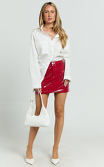 Savannah Mini Skirt - PU Waistband Fly Front Fitted Skirt in Cherry