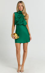 Schantal Mini Dress - Drape Neck Satin Slip Dress in Emerald