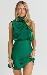 Schantal Mini Dress - Drape Neck Satin Slip Dress in Emerald