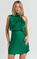 Schantal Mini Dress - Drape Neck Satin Slip Dress in Emerald