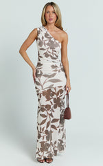 Schiffer Maxi Dress - One Shoulder Ruched Bodycon Dress in Neutral Floral Print
