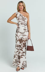 Schiffer Maxi Dress - One Shoulder Ruched Bodycon Dress in Neutral Floral Print