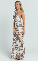 Schiffer Maxi Dress - One Shoulder Ruched Bodycon Dress in Neutral Floral Print