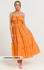Schiffer Midi Dress - Strappy Ruched Tie Front Tiered Dress in Mandarin