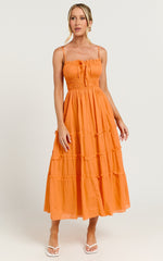 Schiffer Midi Dress - Strappy Ruched Tie Front Tiered Dress in Mandarin