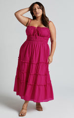 Schiffer Midi Dress - Strappy Ruched Tie Front Tiered Dress in Raspberry