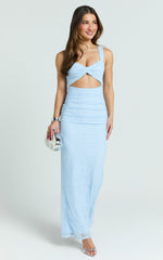 Selene Maxi Dress - Lace Front Twist Cut Out Bodycon Dress in Baby Blue