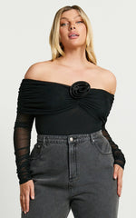 Seraphina Bodysuit - Off Shoulder Long Sleeve Detachable Rosette Mesh Bodysuit in Black