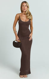 Shailene Maxi Dress - Chain Strap Scoop Neck Knitted Maxi Dress in Chocolate