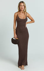 Shailene Maxi Dress - Chain Strap Scoop Neck Knitted Maxi Dress in Chocolate