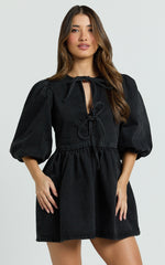 Shailene Mini Dress - Tie Front Puff Sleeve Recycled Denim Dress in Black Wash Panel