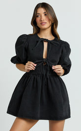 Shailene Mini Dress - Tie Front Puff Sleeve Recycled Denim Dress in Black Wash Panel