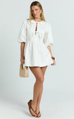 Shailene Mini Dress - Tie Front Puff Sleeve Recycled Denim Dress in Ecru