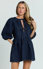 Shailene Mini Dress - Tie Front Puff Sleeve Recycled Denim Dress in Raw Indigo