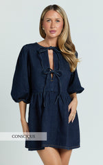 Shailene Mini Dress - Tie Front Puff Sleeve Recycled Denim Dress in Raw Indigo