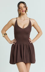 Shailene Mini Dress - Chain Strap V Neck Knitted Dress in Chocolate
