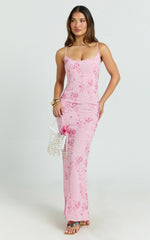 Shari Maxi Dress - Strappy Scoop Neck Column Fitted Sequin Mesh Dress in Pink