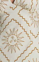 Sharlyn Midi Linen Blend Dress - Deep V Neck Sleeveless Slip Dress in Beige Sun Print